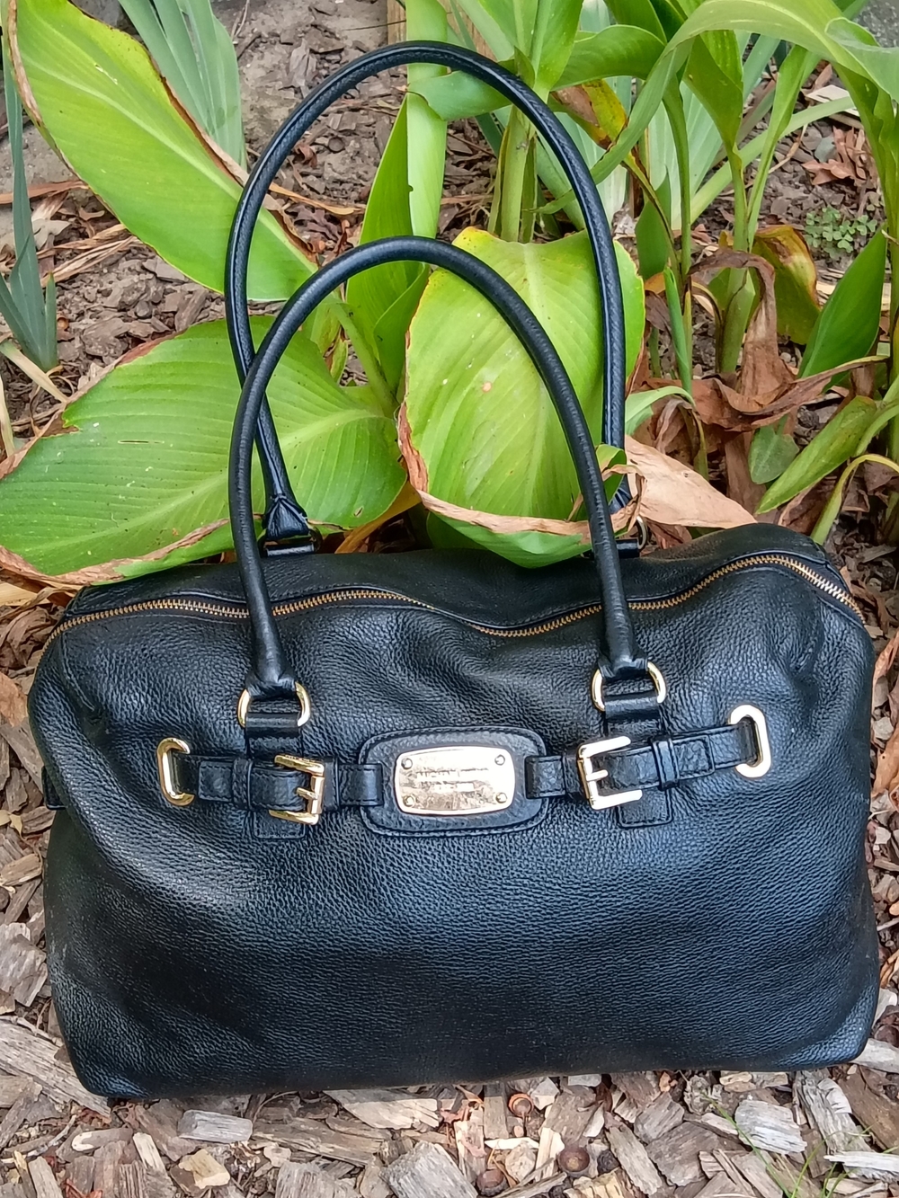 Michael Kors Hamilton Weekender Black Leather Satchel with Gold Hardware